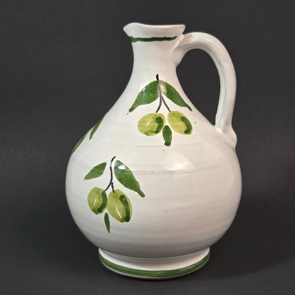 Vintage Hand Painted Italian Ceramic Olive Oil Cruet Pitcher Jug Made in Italy